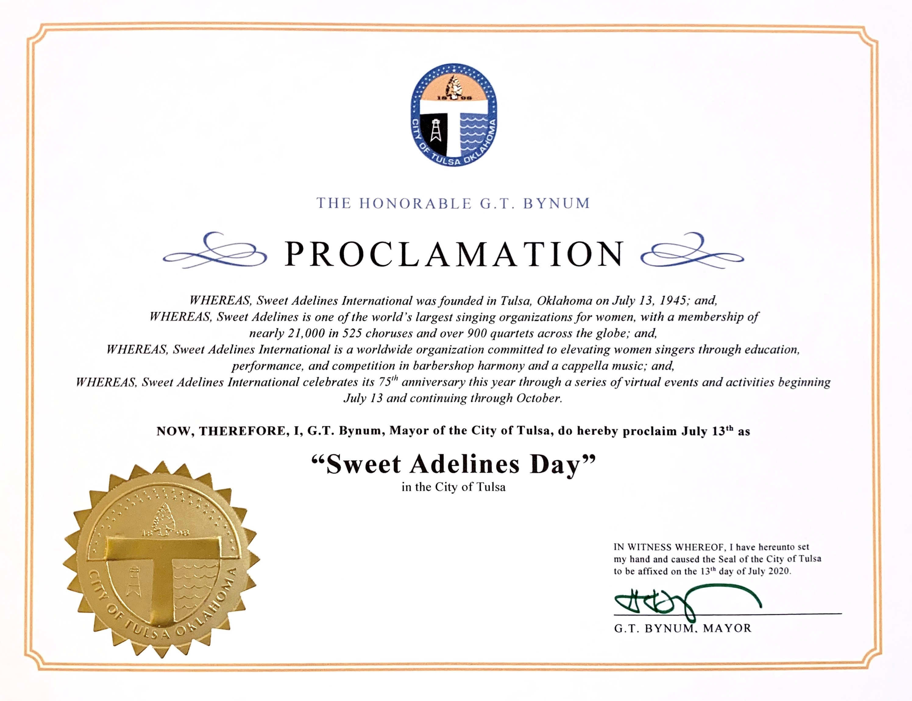 Tulsa Mayor GT Bynum Sweet Adelines Day Proclamation